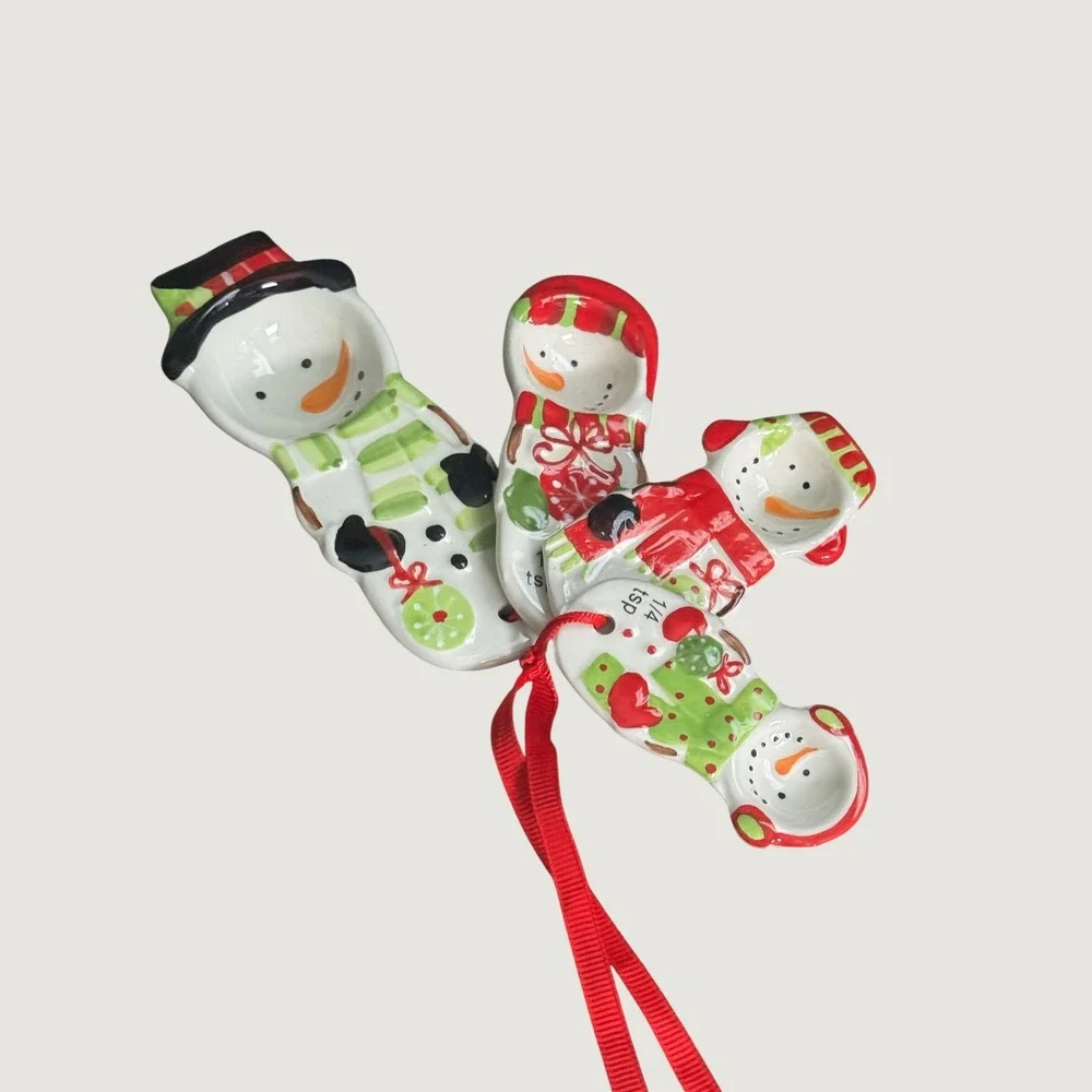 Pier 1 Imports Snowman Ceramic Measuring Spoons Set Christmas Holiday Decor